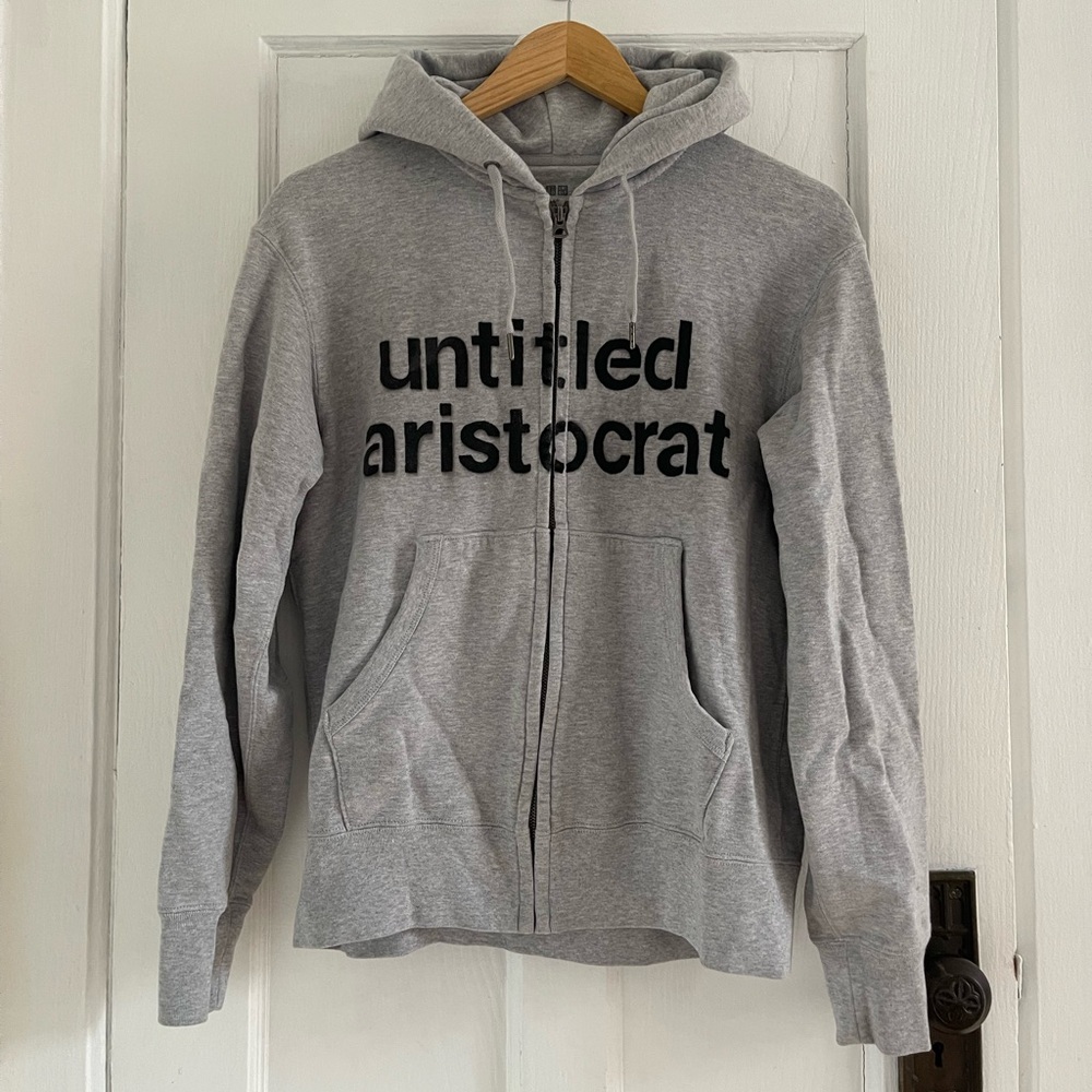 Whit Stillman’s Metropolitan reference hand-painted Uniqlo grey zip hoodie